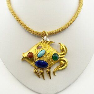 Vintage Fish Necklace Sea Gem Lapis Amethyst Cabochon Saks 5th Ave 80s Ro-Do